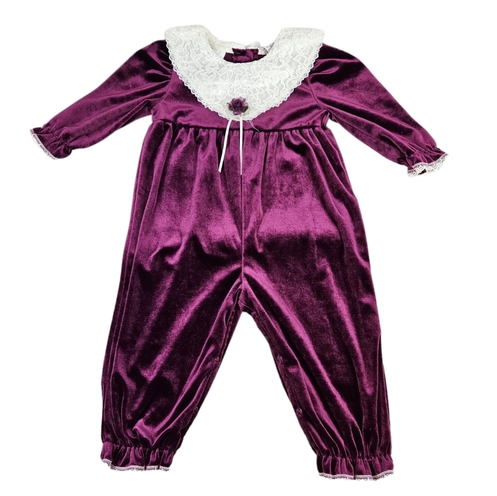 Vintage 90s Rose Cottage Plum Purple Velvet Guipure Lace Jumpsuit Size 24M K83